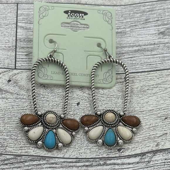 Turquoise Brown Ivory Stone Dangle Earrings NWT - Picture 3 of 5
